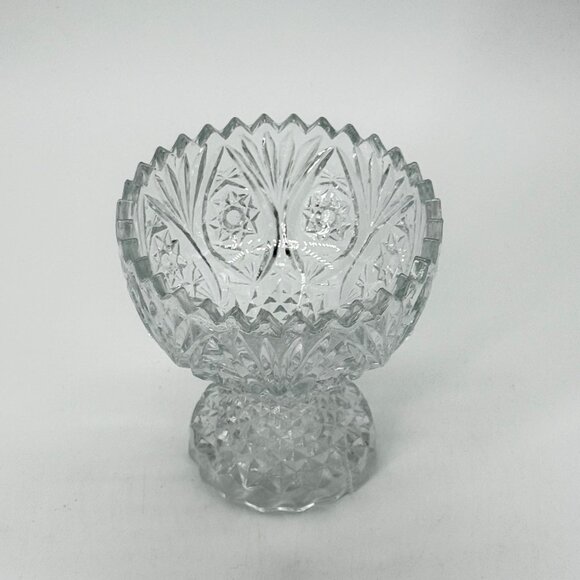 Vintage Footed Clear Cut Glass Bowl With Sawtooth Rim 5" Tall Heavy Decorative P - Picture 6 of 10
